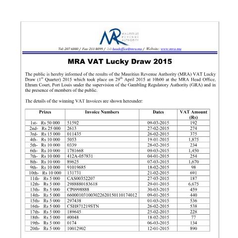 Document preview: Winners of the MRA VAT Lucky Draw 2015 (29.04.15) — Document, Mauritius (CERFA n°VLDSDraw290415)