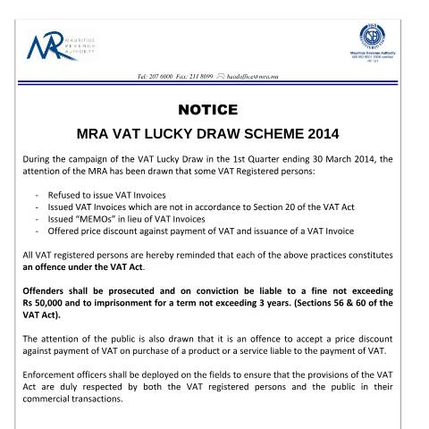 Document preview: Notice - MRA VAT Lucky Draw Scheme 2014 (23.05.14) — Document, Mauritius (CERFA n°VLDSNotice)