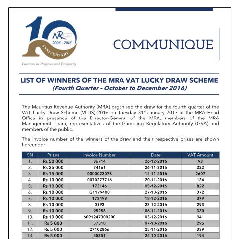 Document preview: Winners of the MRA VAT Lucky Draw Scheme 2016 - Fourth Quarter (31.01.17) — Document, Mauritius (CERFA n°VLDSWinnerQ42016)