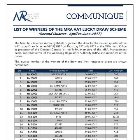 Document preview: Winners of the MRA VAT Lucky Draw Scheme (VLDS) 2017 - Second Quarter (27.07.17) — Notice / Circular, Mauritius (CERFA n°CommuniqueVLDSQ022017)