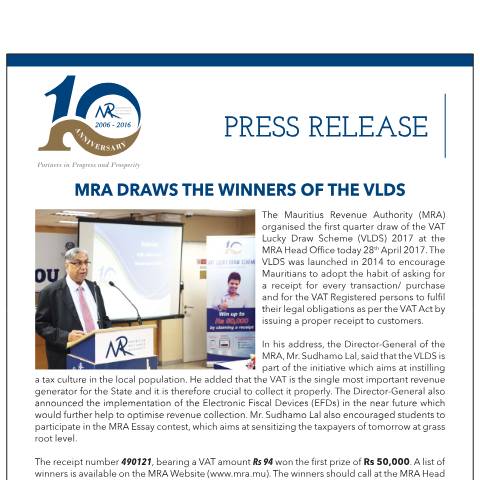 Document preview: MRA draws the winners of the VLDS (28.04.17) — Document, Mauritius (CERFA n°PLVLDSQ012017)