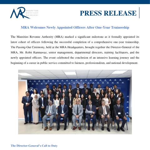 Document preview: MRA Welcomes Newly Appointed Officers After One-Year Traineeship (19.08.25) — Document, Mauritius (CERFA n°PressRelease190825)