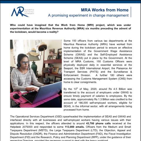 Document preview: MRA Works from Home : A promising experiment in change management (20.05.20) — Document, Mauritius (CERFA n°PressRelease200520)