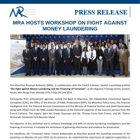 Document preview: MRA hosts workshop on Fight against Money Laundering (01.07.19) — Document, Mauritius (CERFA n°PressRelease010719)