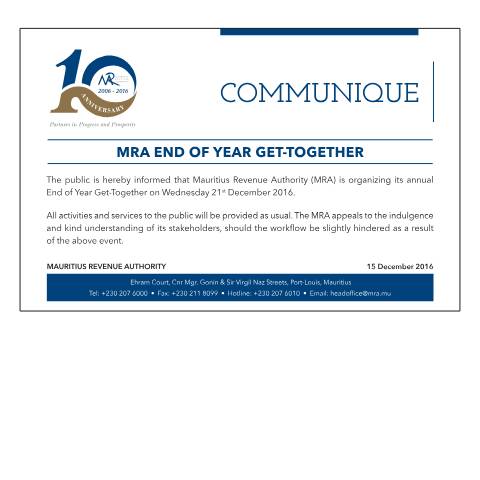 Document preview: MRA End of Year Get-Together (15.12.16) — Document, Mauritius (CERFA n°EOY151216)