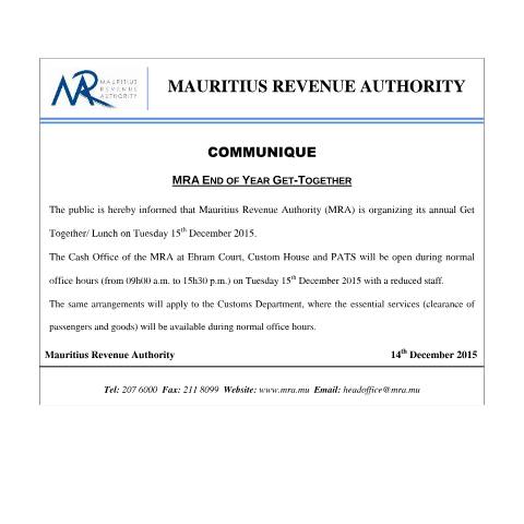 Document preview: MRA End of Year Get-Together (14.12.15) — Document, Mauritius (CERFA n°EOY141215)