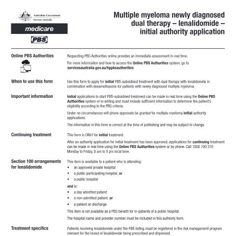 Document preview: Multiple myeloma newly diagnosed dual therapy - lenalidomide - initial authority application form (PB200) — Services Australia — Health professionals, Australia (CERFA n°PB200)