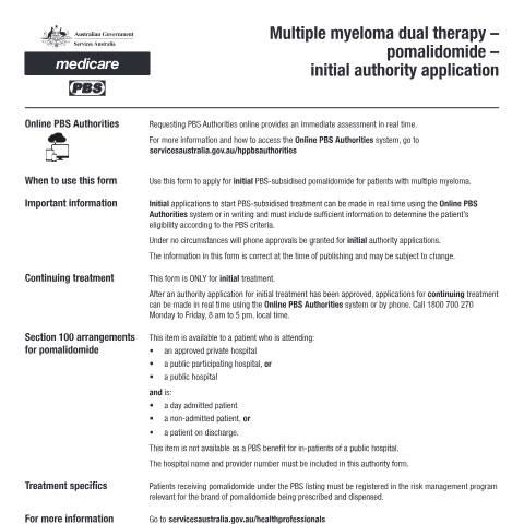 Document preview: Multiple myeloma dual therapy - pomalidomide - initial authority application form (PB214) — Services Australia — Health professionals, Australia (CERFA n°PB214)