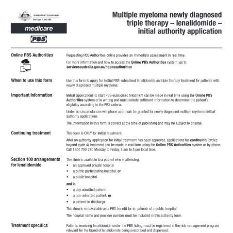 Document preview: Multiple myeloma newly diagnosed triple therapy - lenalidomide - initial authority application form (PB293) — Services Australia — Health professionals, Australia (CERFA n°PB293)