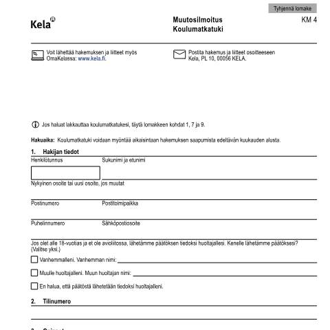 Document preview: Muutosilmoitus - Koulumatkatuki — Opiskelijat, Suomi (CERFA n°Kela KM 4)