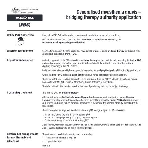 Document preview: Generalised myasthenia gravis - bridging therapy authority application form (PB395) — Services Australia — Health professionals, Australia (CERFA n°PB395)