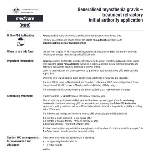 Document preview: Generalised myasthenia gravis - treatment refractory initial authority application form (PB396) — Services Australia — Health professionals, Australia (CERFA n°PB396)