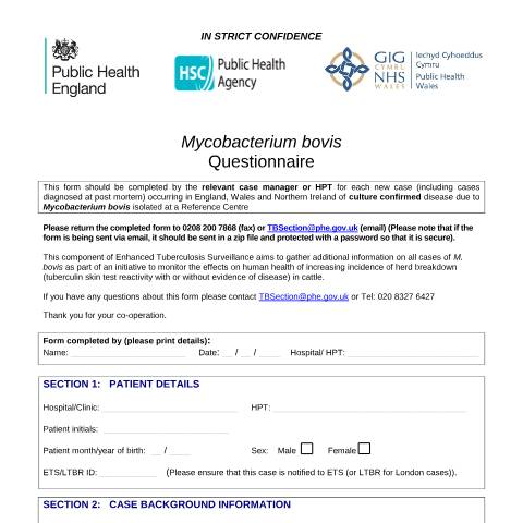 Document preview: Mycobacterium bovis (M. bovis): enhanced surveillance questionnaire — Public Health England, United Kingdom