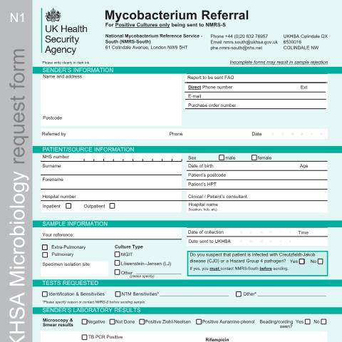 Document preview: Mycobacterium referral form — UK Health Security Agency, United Kingdom