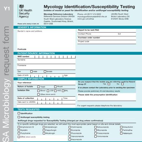 Document preview: Mycology identification and susceptibility testing request form — UK Health Security Agency, United Kingdom