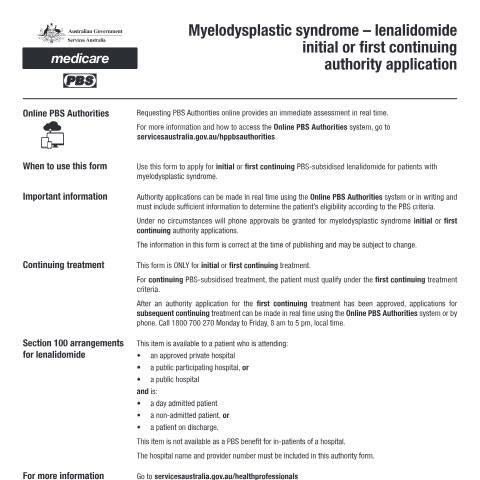 Document preview: Myelodysplastic syndrome - lenalidomide - initial or first continuing authority application form (PB012) — Services Australia — Health professionals, Australia (CERFA n°PB012)