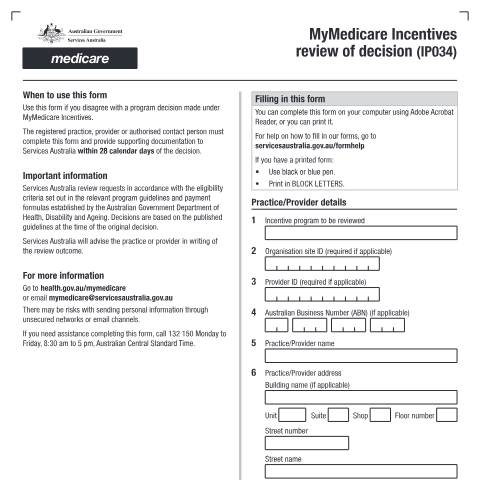 Document preview: MyMedicare Incentives Review of decision form (IP034) — Services Australia — Health professionals, Australia (CERFA n°IP034)