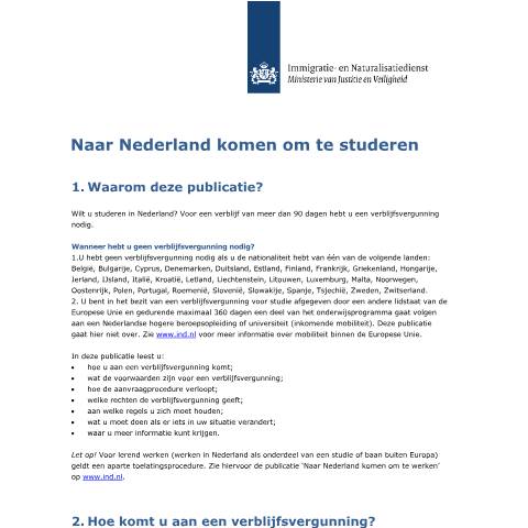 Documentvoorvertoning: Naar Nederland komen om te studeren — IND — immigratie, Nederland (CERFA n°3078)