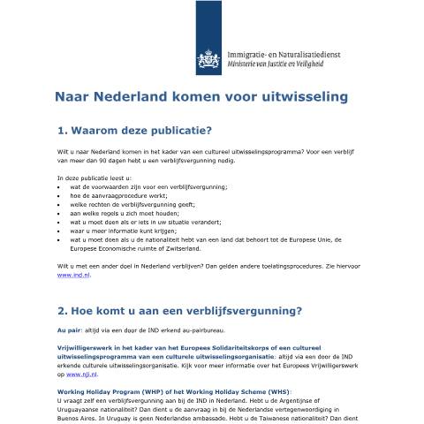 Documentvoorvertoning: Naar Nederland komen voor uitwisseling — IND — immigratie, Nederland (CERFA n°3079)