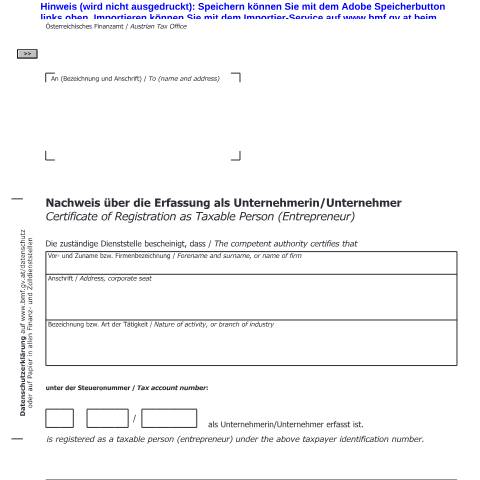 Dokumentvorschau: U70a — Nachweis über die Erfassung als Unternehmerin/Unternehmer — Steuern, Österreich (CERFA n°U70a)