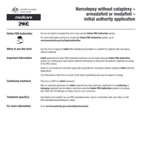 Document preview: Narcolepsy without cataplexy - armodafinil or modafinil - initial authority application form (PB104) — Services Australia — Health professionals, Australia (CERFA n°PB104)