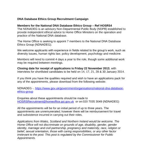 Document preview: National DNA Database Ethics Group recruitment campaign — National DNA Database Ethics Group, United Kingdom