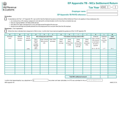 Document preview: Submit a National Insurance contributions settlement return (NSR Appendix 7B) — HM Revenue & Customs, United Kingdom