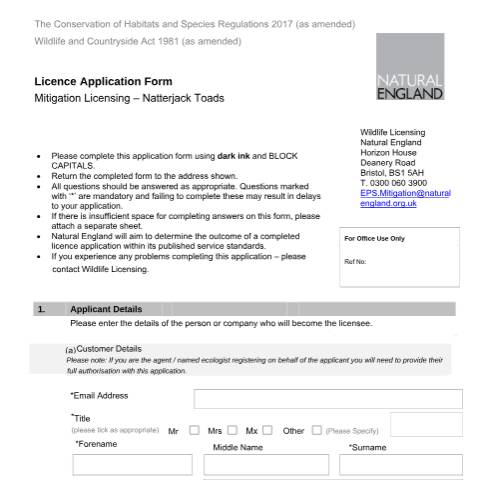 Document preview: Natterjack toads: apply for a mitigation licence (A44) — Natural England, United Kingdom
