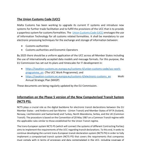 Document preview: NCTS - P5 — ncts-p5-introduction.pdf — customs_excise, Malta (CERFA n°ncts-p5-introduction)