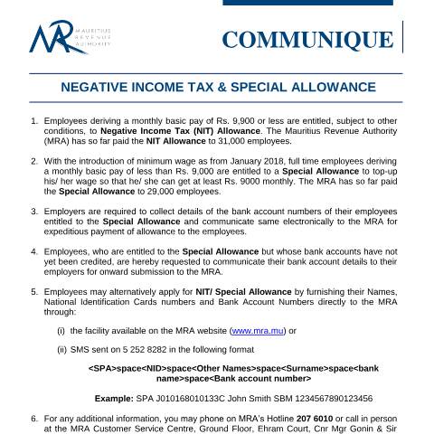 Document preview: Negative Income Tax &amp; Special Allowance (26.03.18) — Document, Mauritius (CERFA n°NIT260318)