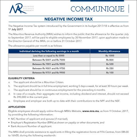 Document preview: Negative Income Tax (06.10.17) — Document, Mauritius (CERFA n°NegativeTax)