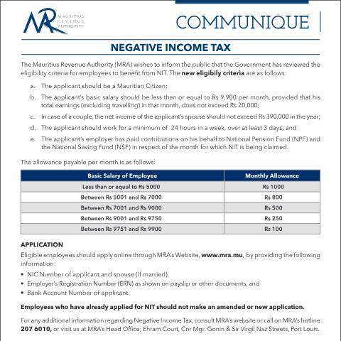 Document preview: Negative Income Tax (11.11.17) — Notice / Circular, Mauritius (CERFA n°CommuniqueNIT111117)