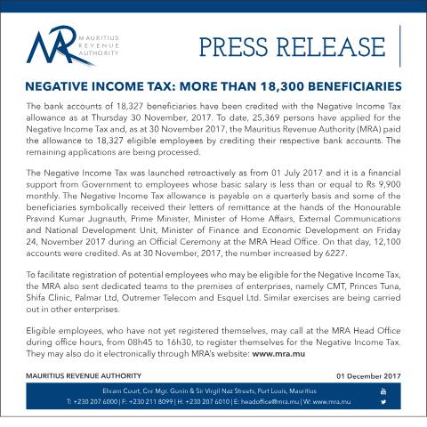 Document preview: Negative Income Tax : More than 18,300 Beneficiaries (01.12.17) — Document, Mauritius (CERFA n°PressReleaseNIT011217)