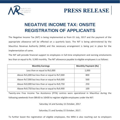 Document preview: Negative Income Tax - Onsite Registration of Applicants (24.10.17) — Document, Mauritius (CERFA n°NITPressRelease)