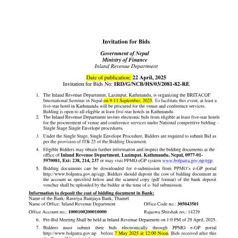 Document preview: Invitation of Bids for the Procurement of Venue and Conference Services for the BRITACOF International Seminar in Nepal — tax_general, नेपाल (CERFA n°Invitation of Bids for the Procurement of Venue and Conference Services for the)