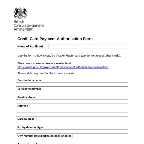 Document preview: Netherlands: card payment authorisation slip — Foreign & Commonwealth Office, Foreign, Commonwealth & Development Office, United Kingdom