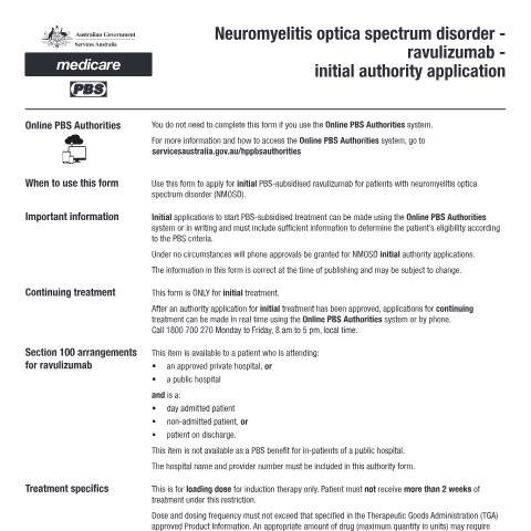 Document preview: Neuromyelitis optica spectrum disorder - ravulizumab - initial authority application form (PB382) — Services Australia — Health professionals, Australia (CERFA n°PB382)