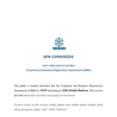 Document preview: NEW CBRD SMS PLATFORM — Document, Mauritius (CERFA n°NEW-CBRD-SMS-PLATFORM)