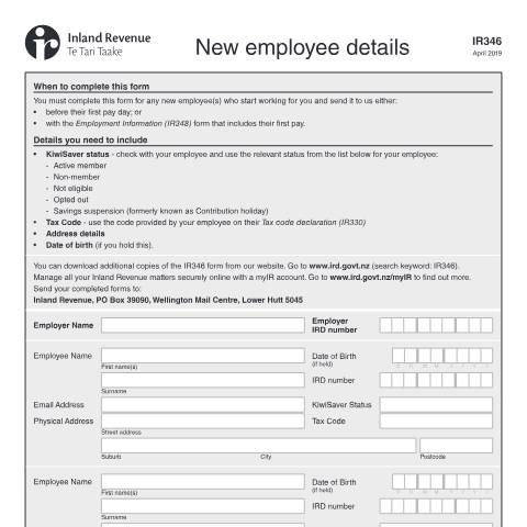 Document preview: New employee details — Employing staff, New Zealand (CERFA n°IR346)
