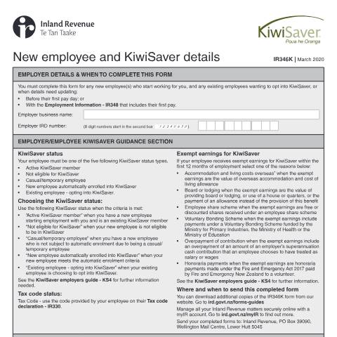 Document preview: New employee and KiwiSaver details — KiwiSaver, New Zealand (CERFA n°IR346K)