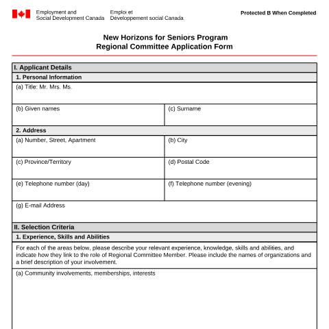 Document preview: New Horizons for Seniors Program - Regional Committee Application Form — Employment and Social Development Canada, Canada (CERFA n°ESDC-NHSP0004)