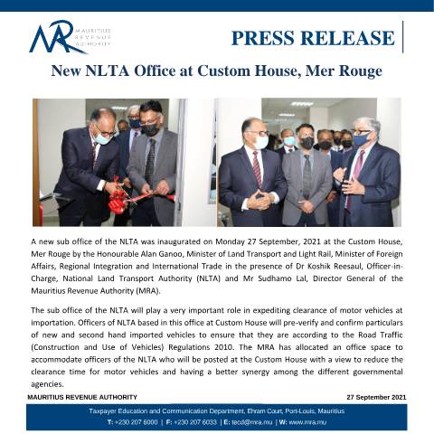 Document preview: New National Land Transport Authority (NLTA) office at Custom House, Mer Rouge (27.09.21) — Document, Mauritius (CERFA n°PressRelease270921)
