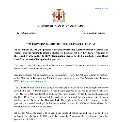 Document preview: New Provisional Drivers Licence process to come — Document, Jamaica (CERFA n°NEW_ROVISIONAL_DRIVER’S_LICENCE_PROCESS_TO_COME)