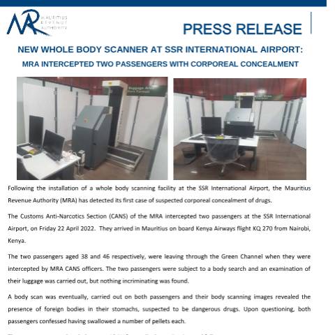 Document preview: New whole body scanner at SSR International Airport: MRA intercepted two passengers with corporeal concealment (26.04.22) — Document, Mauritius (CERFA n°PressRelease260422)