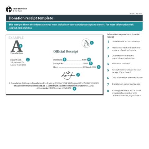 Document preview: Donation receipt example — Income tax, New Zealand (CERFA n°IR1130)