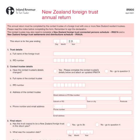 Document preview: New Zealand foreign trust annual return — International, New Zealand (CERFA n°IR900)