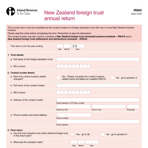 Document preview: New Zealand foreign trust annual return — International, New Zealand (CERFA n°IR900)