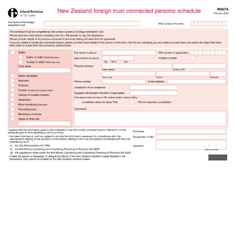Document preview: New Zealand foreign trust connected persons schedule — International, New Zealand (CERFA n°IR607A)