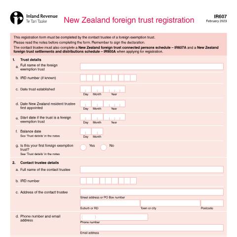 Document preview: New Zealand foreign trust registration — International, New Zealand (CERFA n°IR607)