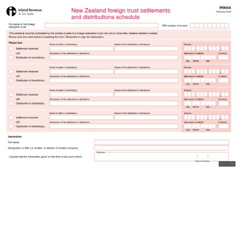 Document preview: New Zealand foreign trust settlements and distributions schedule — International, New Zealand (CERFA n°IR900A)